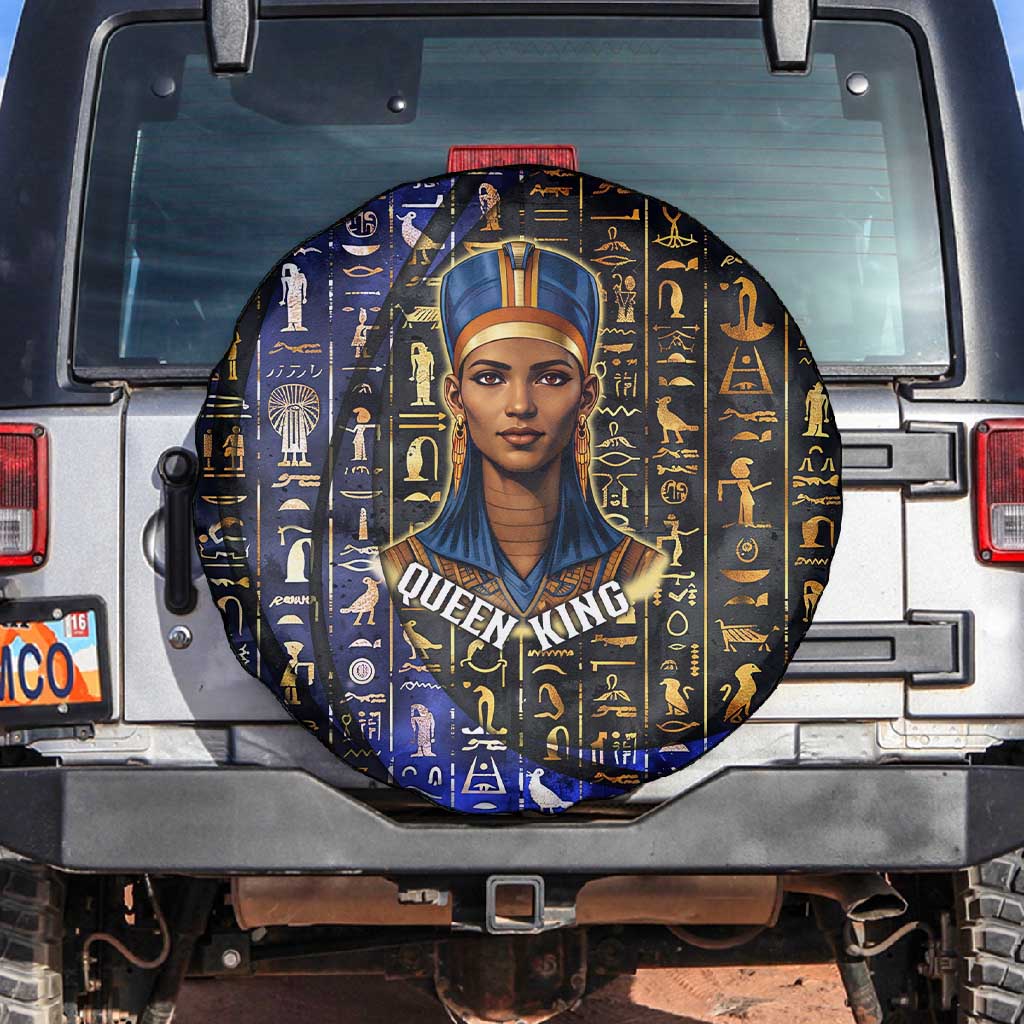 Hatshepsut Spare Tire Cover with Queen King Portrait, Temple Illustration and Blue-Gold Hieroglyphic - African Pride