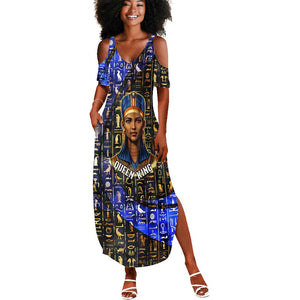 Hatshepsut Summer Maxi Dress with Queen King Portrait, Temple Illustration and Blue-Gold Hieroglyphic - African Pride