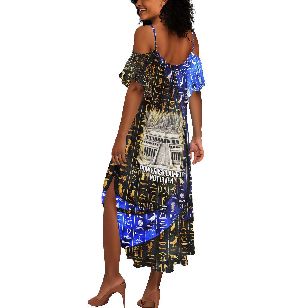 Hatshepsut Summer Maxi Dress with Queen King Portrait, Temple Illustration and Blue-Gold Hieroglyphic - African Pride