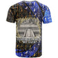Hatshepsut T shirt with Queen King Portrait, Temple Illustration and Blue-Gold Hieroglyphic - African Pride