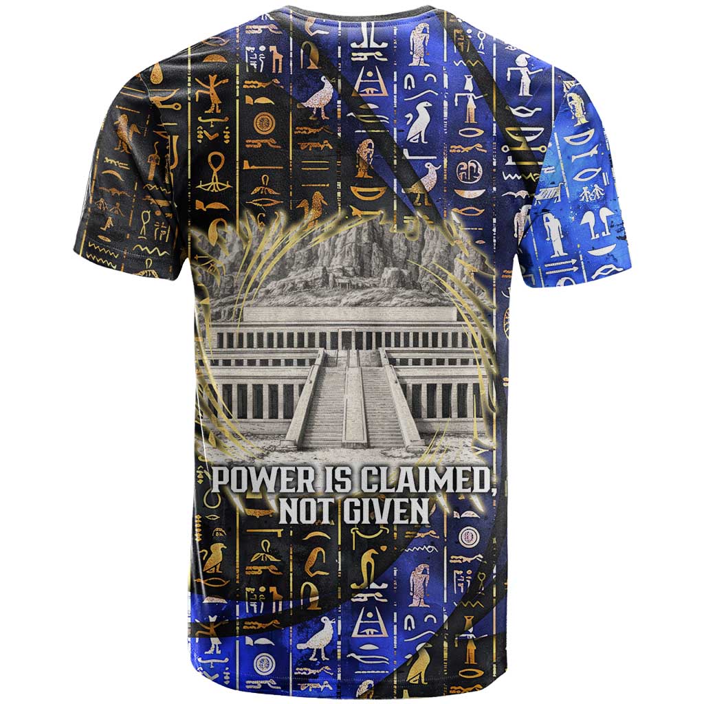 Hatshepsut T shirt with Queen King Portrait, Temple Illustration and Blue-Gold Hieroglyphic - African Pride