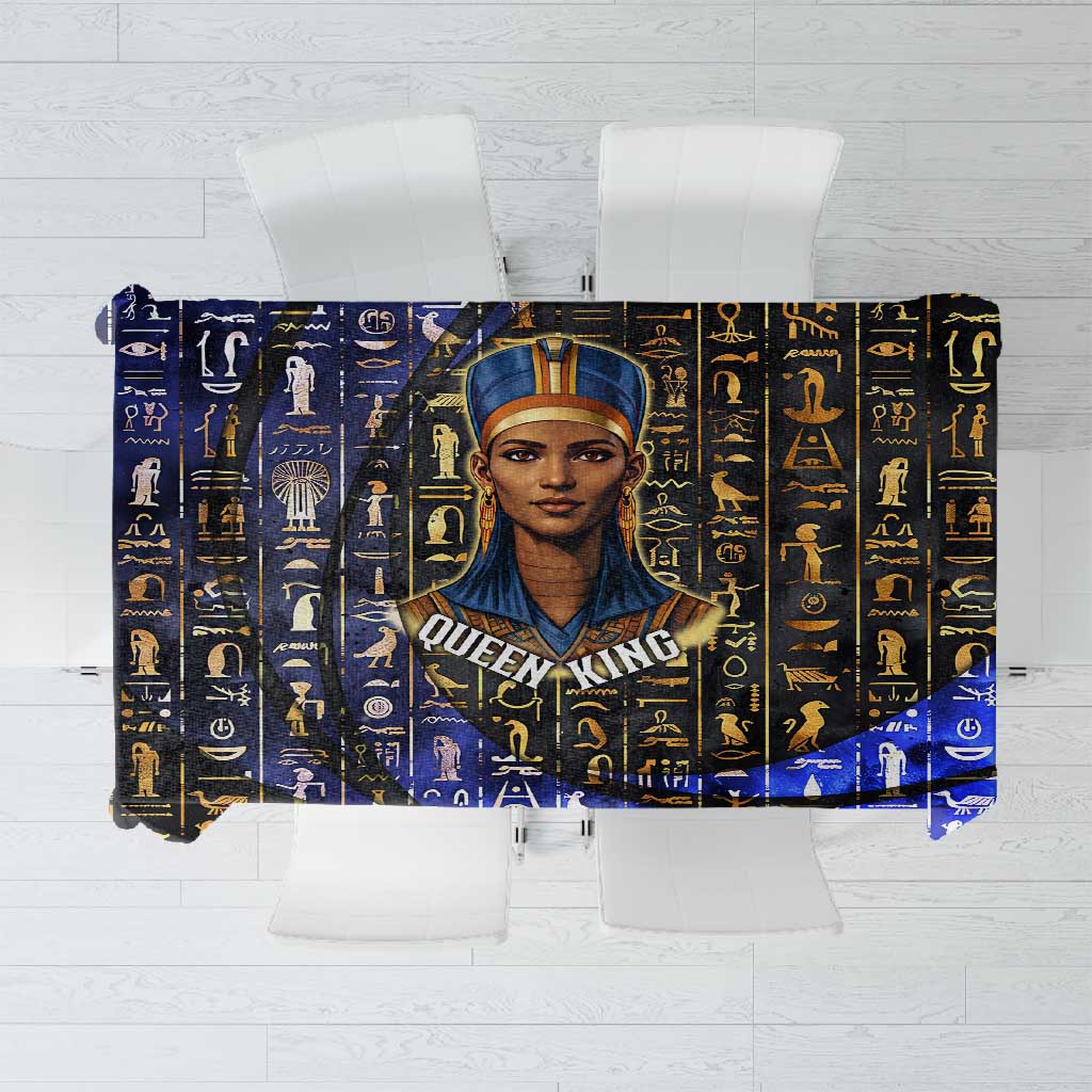 Hatshepsut Tablecloth with Queen King Portrait, Temple Illustration and Blue-Gold Hieroglyphic - African Pride