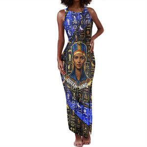 Hatshepsut Tank Maxi Dress with Queen King Portrait, Temple Illustration and Blue-Gold Hieroglyphic - African Pride