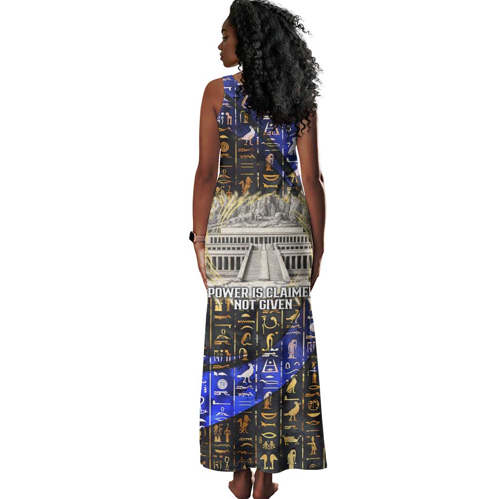 Hatshepsut Tank Maxi Dress with Queen King Portrait, Temple Illustration and Blue-Gold Hieroglyphic - African Pride