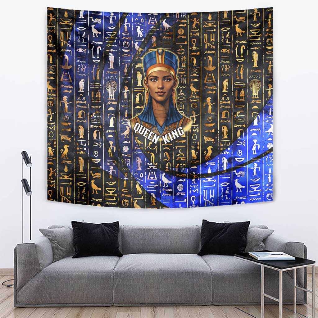 Hatshepsut Tapestry with Queen King Portrait, Temple Illustration and Blue-Gold Hieroglyphic - African Pride