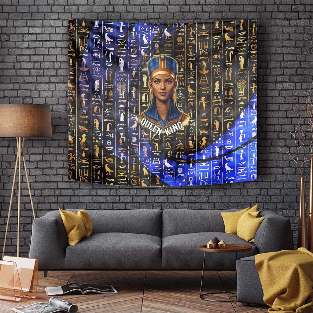 Hatshepsut Tapestry with Queen King Portrait, Temple Illustration and Blue-Gold Hieroglyphic - African Pride