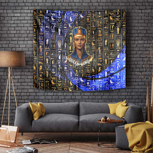 Hatshepsut Tapestry with Queen King Portrait, Temple Illustration and Blue-Gold Hieroglyphic - African Pride