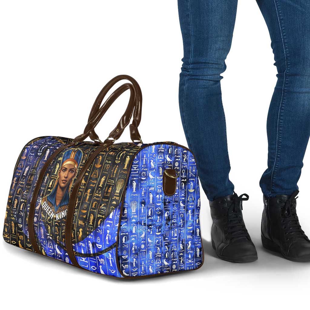 Hatshepsut Travel Bag with Queen King Portrait, Temple Illustration and Blue-Gold Hieroglyphic - African Pride