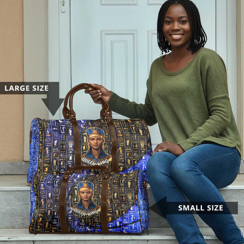 Hatshepsut Travel Bag with Queen King Portrait, Temple Illustration and Blue-Gold Hieroglyphic - African Pride
