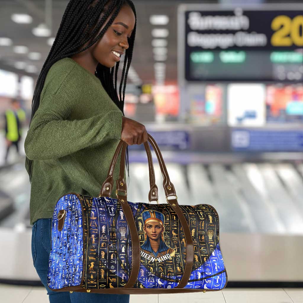 Hatshepsut Travel Bag with Queen King Portrait, Temple Illustration and Blue-Gold Hieroglyphic - African Pride