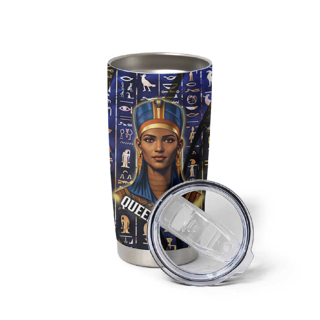 Hatshepsut Tumbler Cup with Queen King Portrait, Temple Illustration and Blue-Gold Hieroglyphic - African Pride