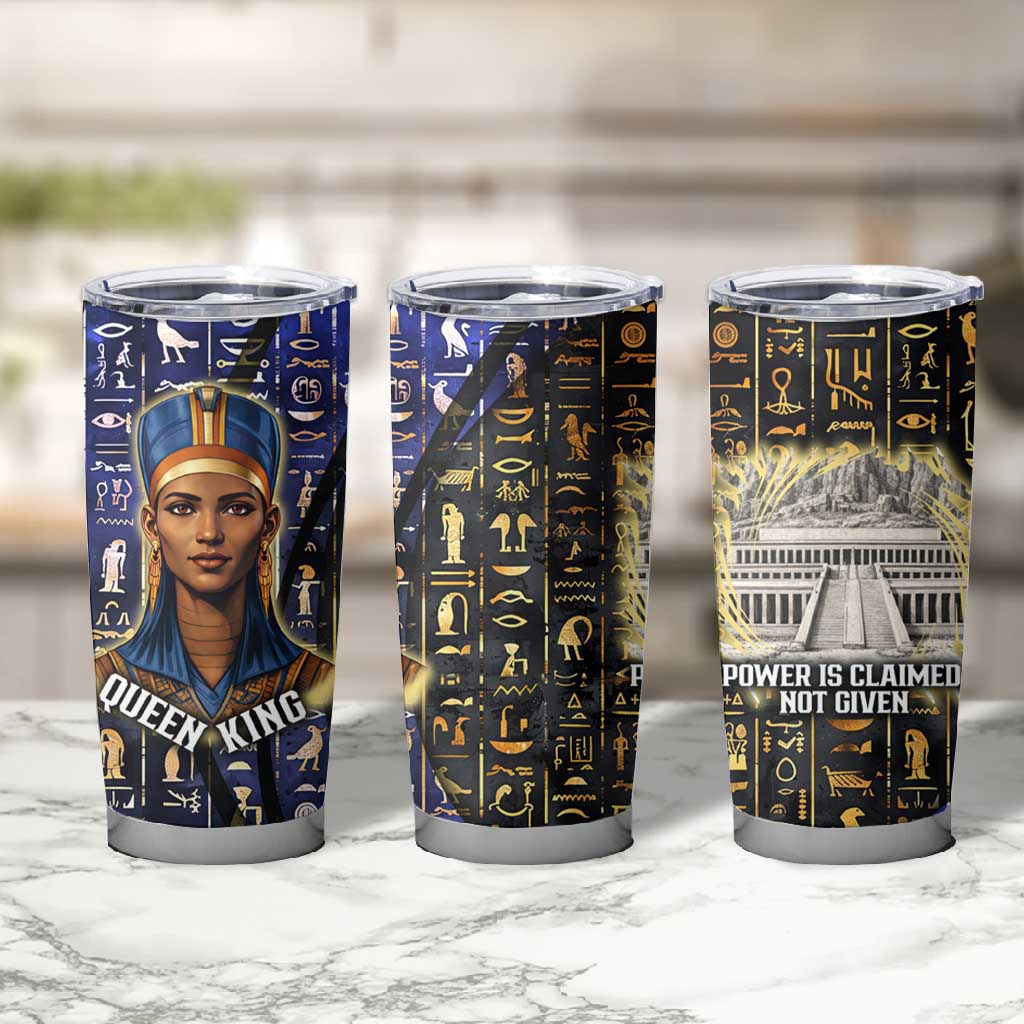 Hatshepsut Tumbler Cup with Queen King Portrait, Temple Illustration and Blue-Gold Hieroglyphic - African Pride