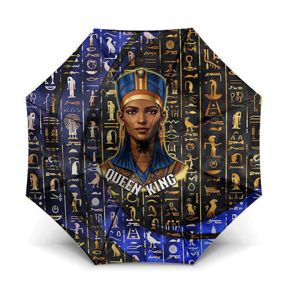 Hatshepsut Umbrella with Queen King Portrait, Temple Illustration and Blue-Gold Hieroglyphic - African Pride