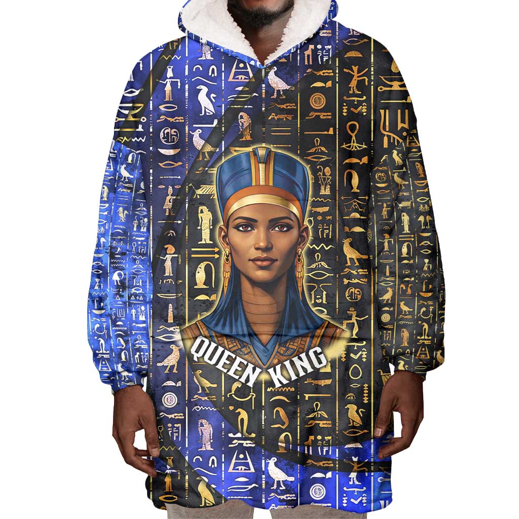 Hatshepsut Wearable Blanket Hoodie with Queen King Portrait, Temple Illustration and Blue-Gold Hieroglyphic - African Pride