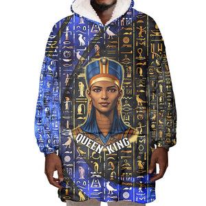 Hatshepsut Wearable Blanket Hoodie with Queen King Portrait, Temple Illustration and Blue-Gold Hieroglyphic - African Pride