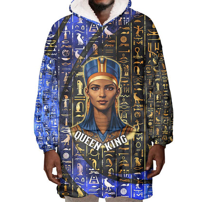 Hatshepsut Wearable Blanket Hoodie with Queen King Portrait, Temple Illustration and Blue-Gold Hieroglyphic - African Pride