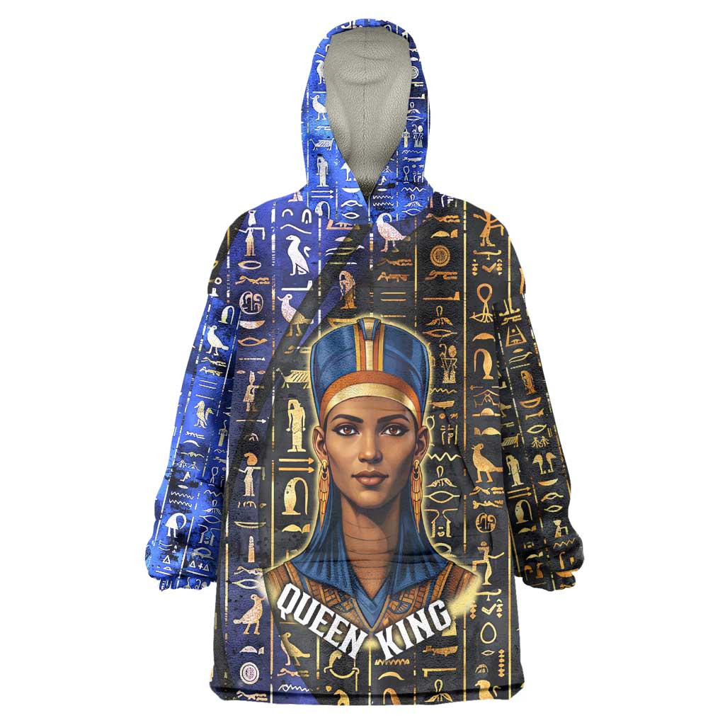 Hatshepsut Wearable Blanket Hoodie with Queen King Portrait, Temple Illustration and Blue-Gold Hieroglyphic - African Pride
