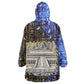 Hatshepsut Wearable Blanket Hoodie with Queen King Portrait, Temple Illustration and Blue-Gold Hieroglyphic - African Pride