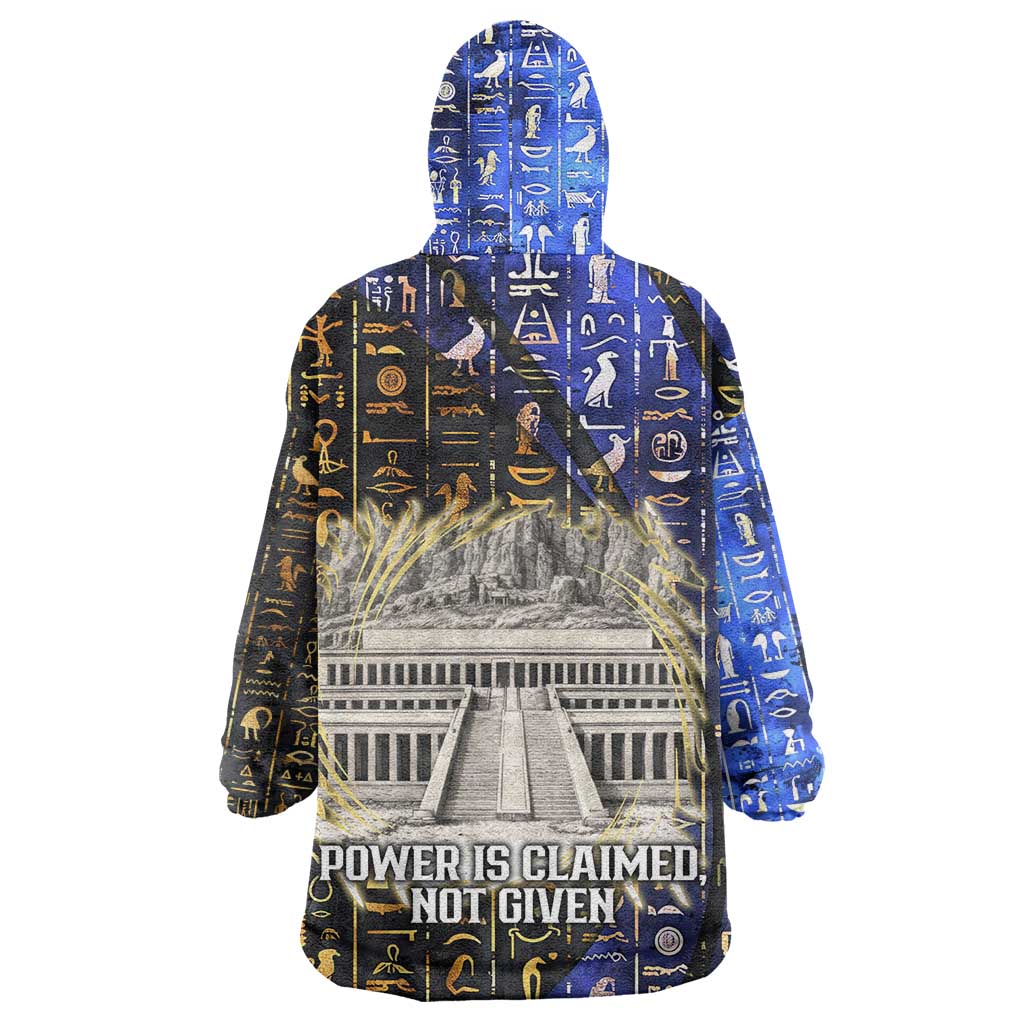Hatshepsut Wearable Blanket Hoodie with Queen King Portrait, Temple Illustration and Blue-Gold Hieroglyphic - African Pride