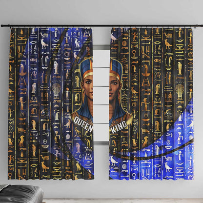 Hatshepsut Window Curtain with Queen King Portrait, Temple Illustration and Blue-Gold Hieroglyphic - African Pride