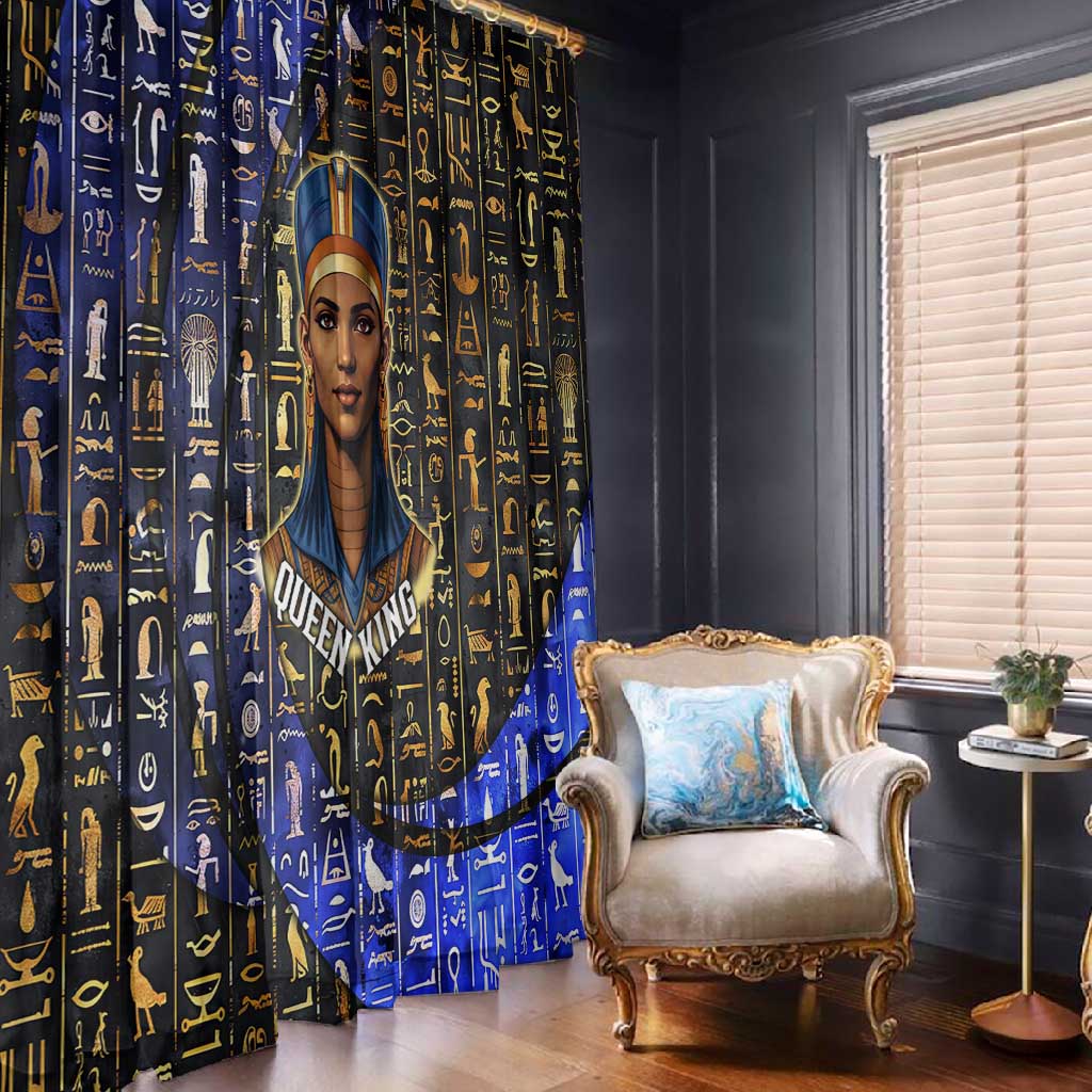 Hatshepsut Window Curtain with Queen King Portrait, Temple Illustration and Blue-Gold Hieroglyphic - African Pride