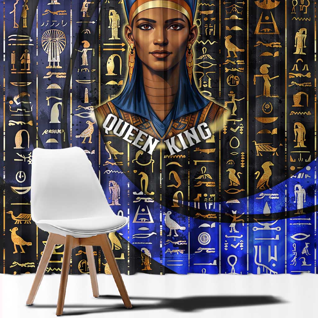 Hatshepsut Window Curtain with Queen King Portrait, Temple Illustration and Blue-Gold Hieroglyphic - African Pride