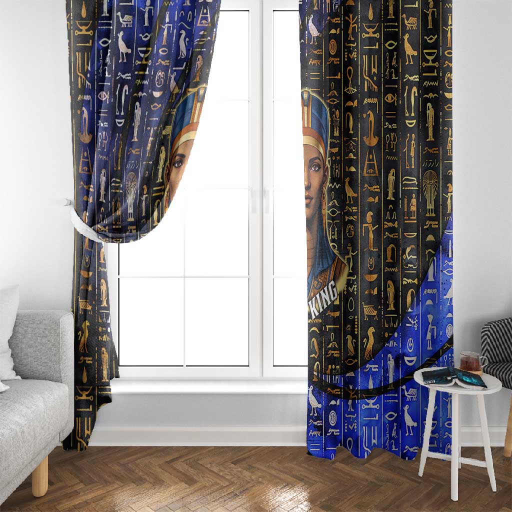 Hatshepsut Window Curtain with Queen King Portrait, Temple Illustration and Blue-Gold Hieroglyphic - African Pride