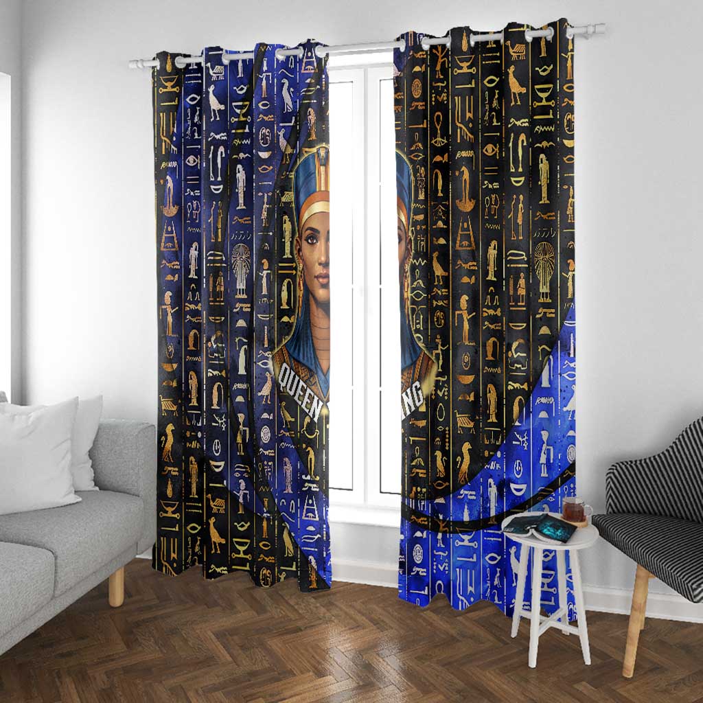 Hatshepsut Window Curtain with Queen King Portrait, Temple Illustration and Blue-Gold Hieroglyphic - African Pride