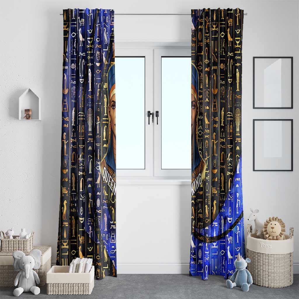 Hatshepsut Window Curtain with Queen King Portrait, Temple Illustration and Blue-Gold Hieroglyphic - African Pride