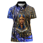 Hatshepsut Women Polo Shirt with Queen King Portrait, Temple Illustration and Blue-Gold Hieroglyphic - African Pride