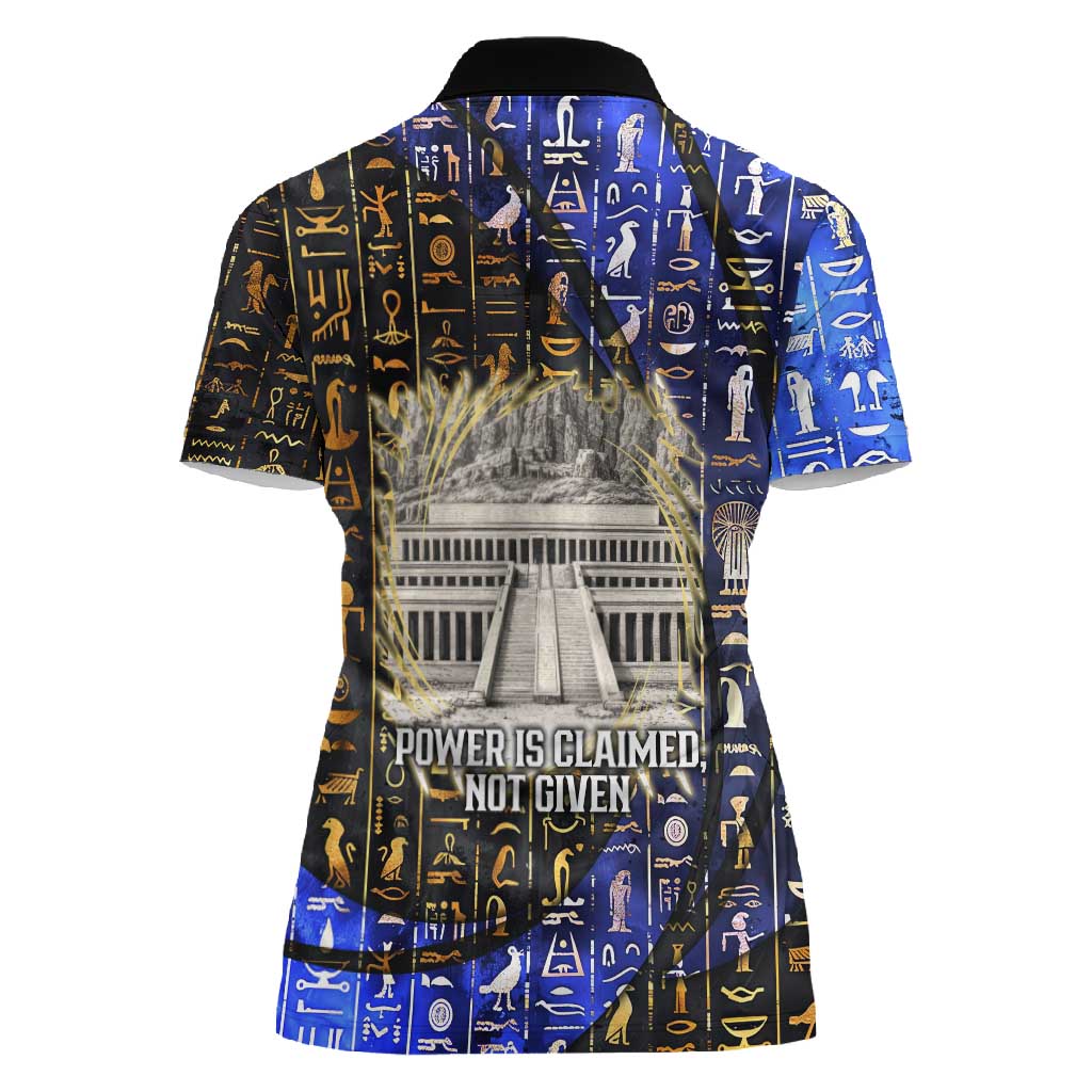 Hatshepsut Women Polo Shirt with Queen King Portrait, Temple Illustration and Blue-Gold Hieroglyphic - African Pride