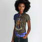 Hatshepsut Women Polo Shirt with Queen King Portrait, Temple Illustration and Blue-Gold Hieroglyphic - African Pride