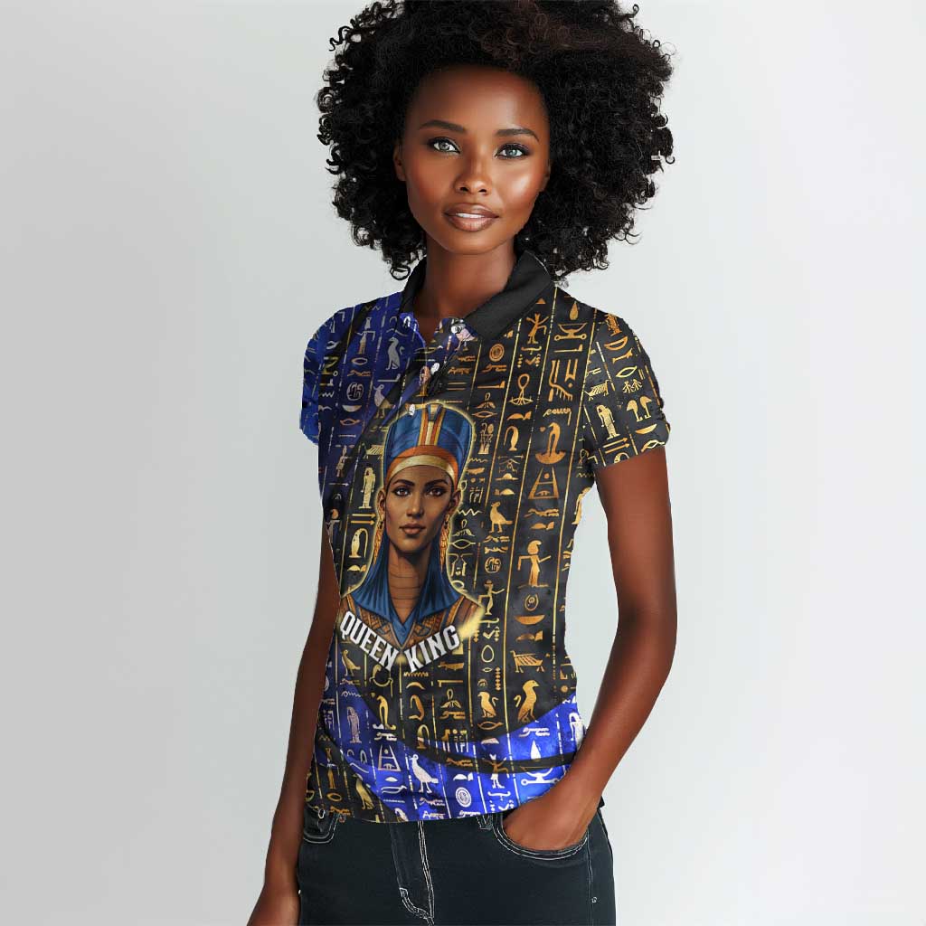 Hatshepsut Women Polo Shirt with Queen King Portrait, Temple Illustration and Blue-Gold Hieroglyphic - African Pride