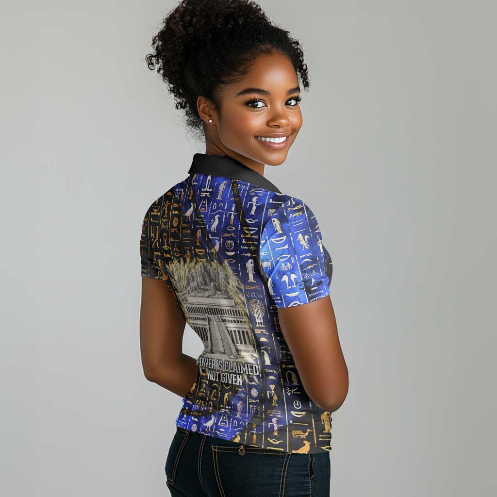 Hatshepsut Women Polo Shirt with Queen King Portrait, Temple Illustration and Blue-Gold Hieroglyphic - African Pride