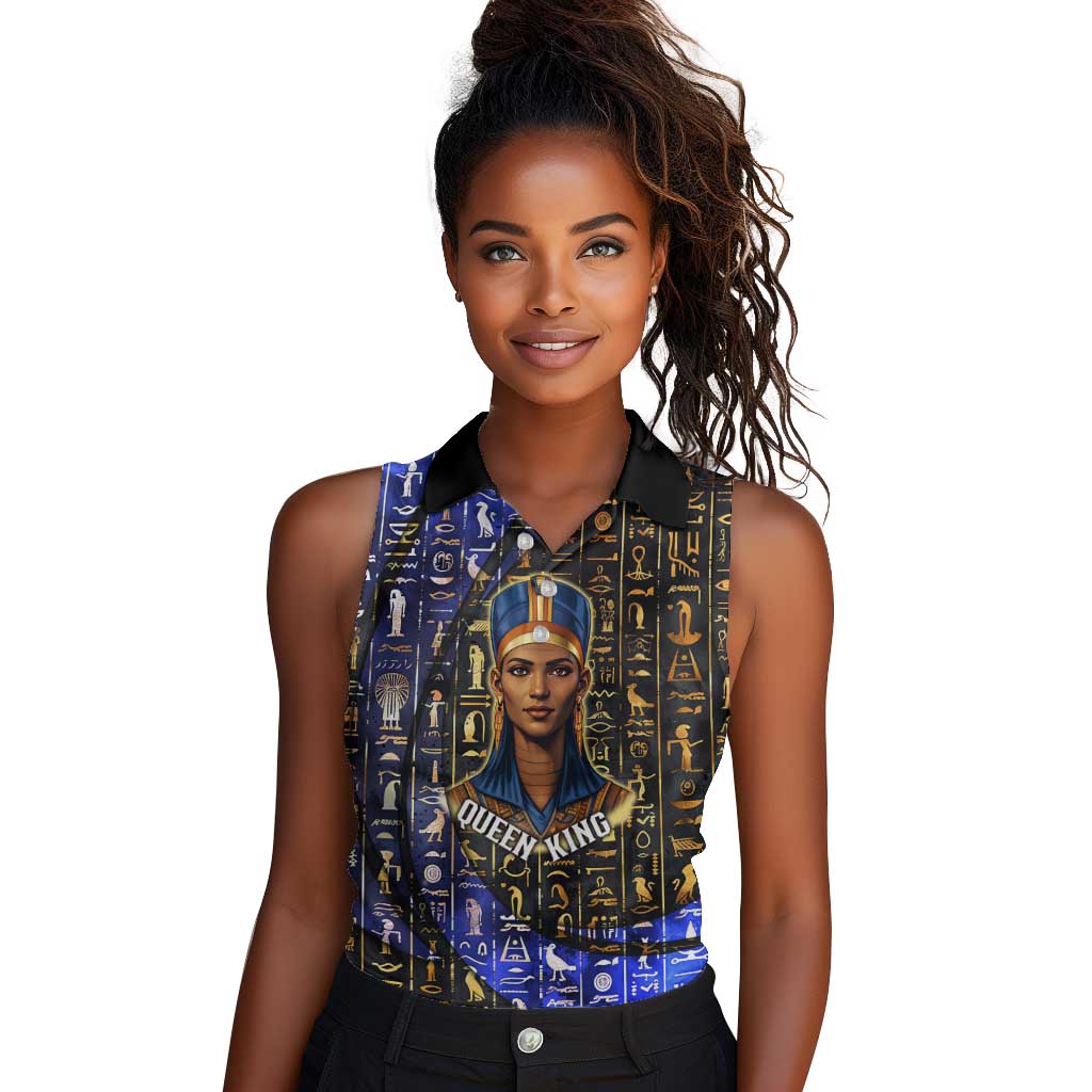 Hatshepsut Women Sleeveless Polo Shirt with Queen King Portrait, Temple Illustration and Blue-Gold Hieroglyphic - African Pride