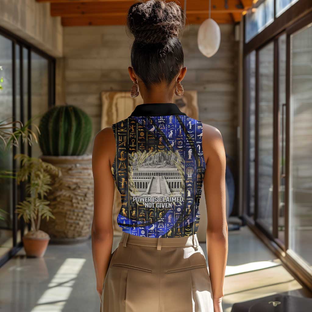 Hatshepsut Women Sleeveless Polo Shirt with Queen King Portrait, Temple Illustration and Blue-Gold Hieroglyphic - African Pride