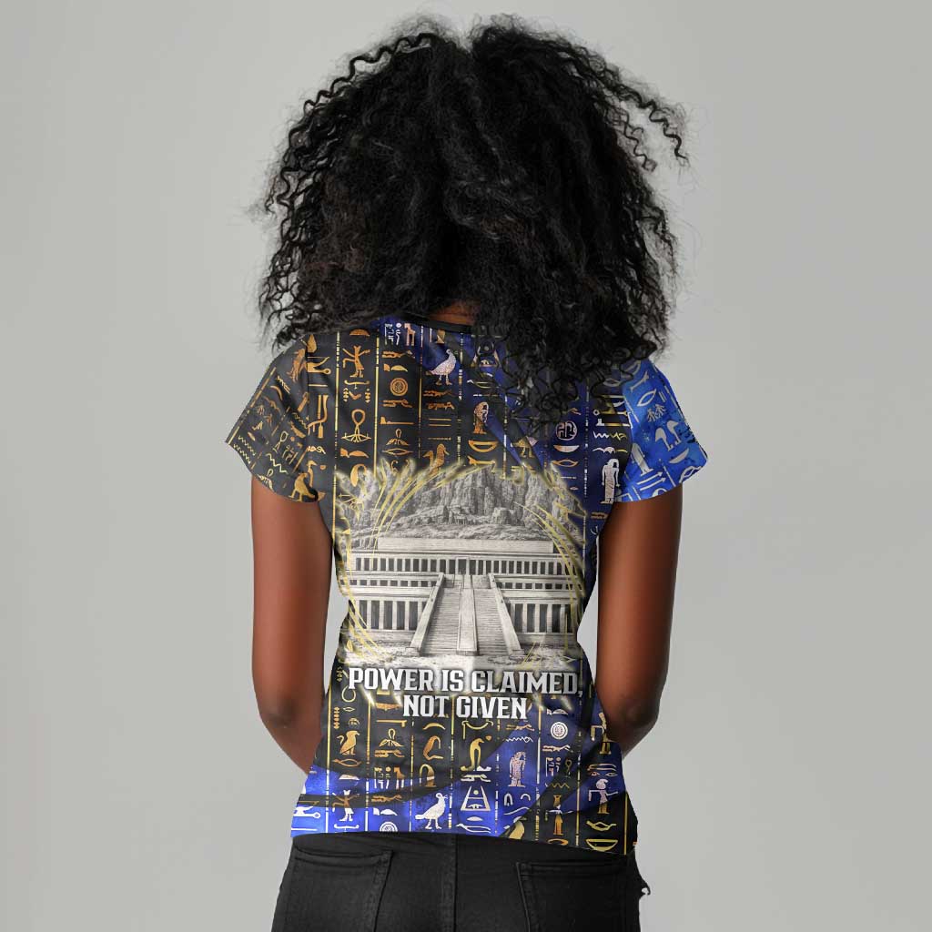Hatshepsut Women V-Neck T-Shirt with Queen King Portrait, Temple Illustration and Blue-Gold Hieroglyphic - African Pride