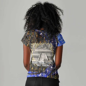 Hatshepsut Women V-Neck T-Shirt with Queen King Portrait, Temple Illustration and Blue-Gold Hieroglyphic - African Pride