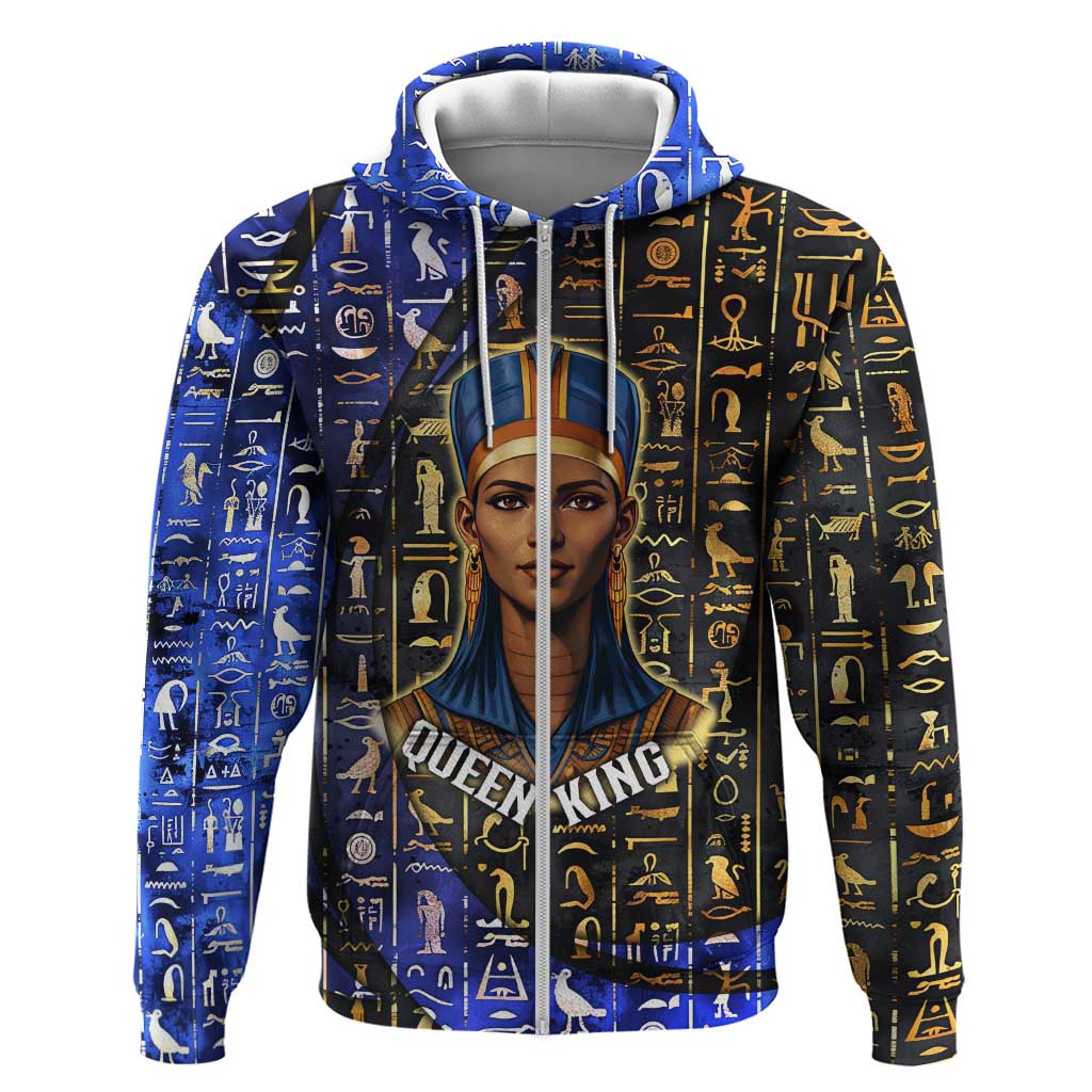 Hatshepsut Zip Hoodie with Queen King Portrait, Temple Illustration and Blue-Gold Hieroglyphic - African Pride