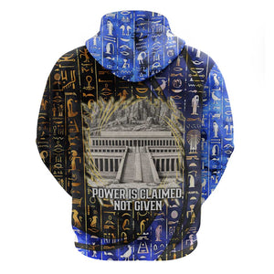 Hatshepsut Zip Hoodie with Queen King Portrait, Temple Illustration and Blue-Gold Hieroglyphic - African Pride