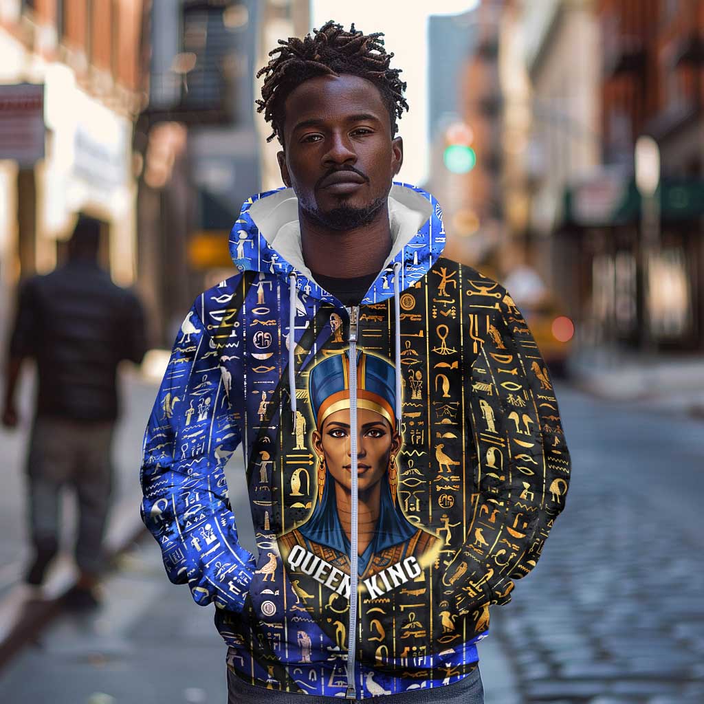 Hatshepsut Zip Hoodie with Queen King Portrait, Temple Illustration and Blue-Gold Hieroglyphic - African Pride