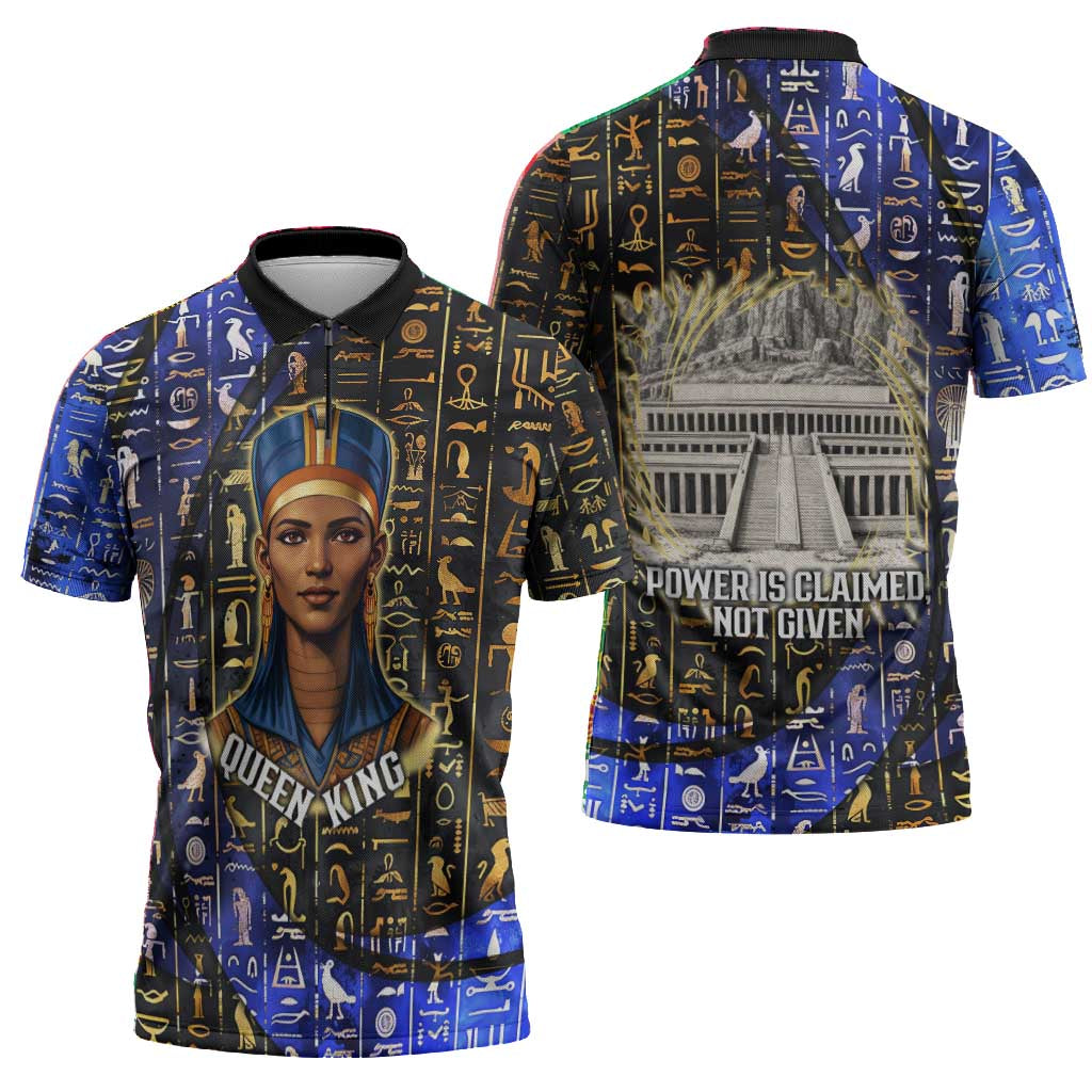 Hatshepsut Zipper Polo Shirt with Queen King Portrait, Temple Illustration and Blue-Gold Hieroglyphic - African Pride