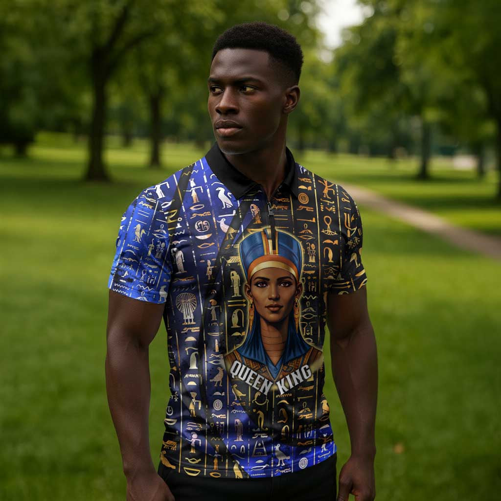 Hatshepsut Zipper Polo Shirt with Queen King Portrait, Temple Illustration and Blue-Gold Hieroglyphic - African Pride
