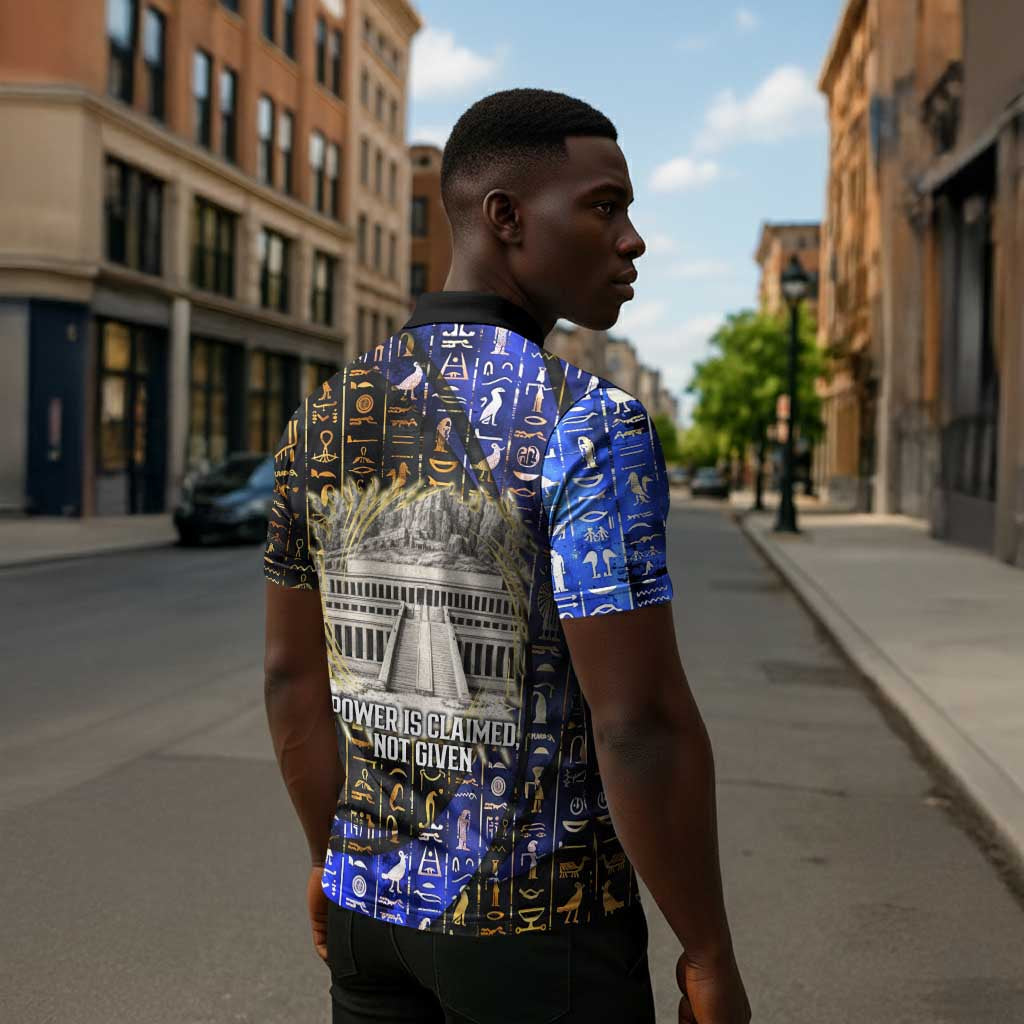 Hatshepsut Zipper Polo Shirt with Queen King Portrait, Temple Illustration and Blue-Gold Hieroglyphic - African Pride