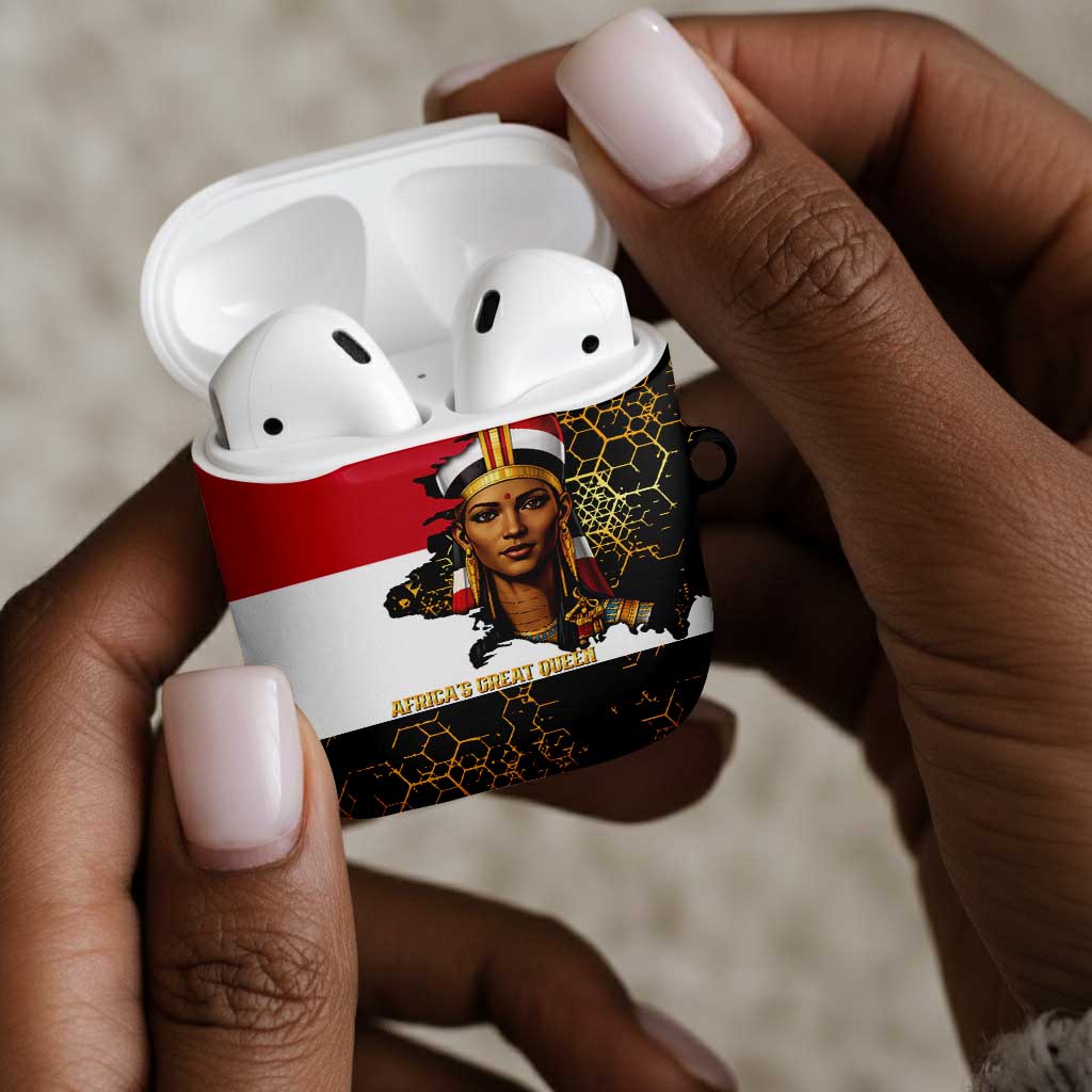 Hatshepsut AirPods Case with Royal Portrait, Pre-Colonial Empires Text and Red-Black Honeycomb - African Pride