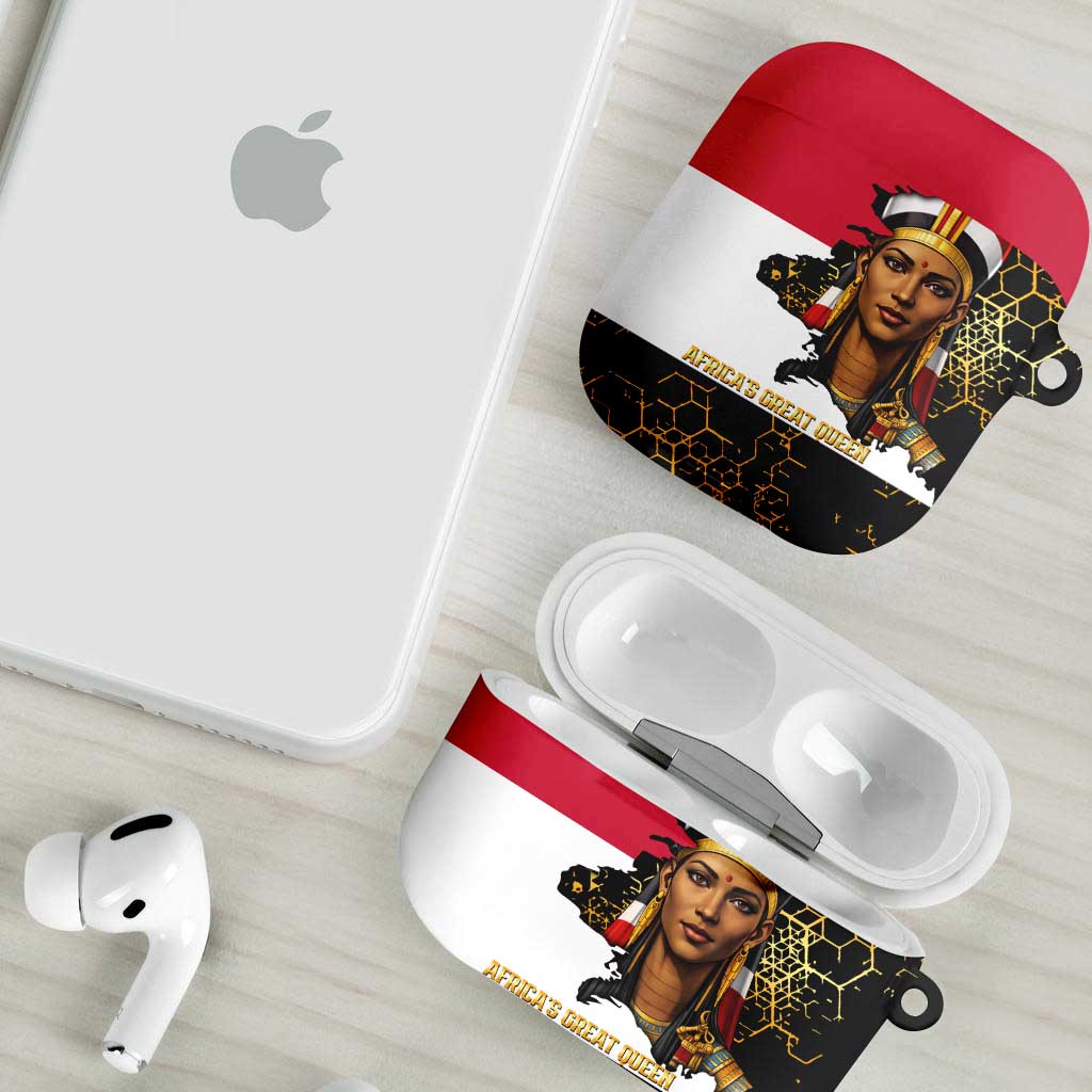 Hatshepsut AirPods Case with Royal Portrait, Pre-Colonial Empires Text and Red-Black Honeycomb - African Pride