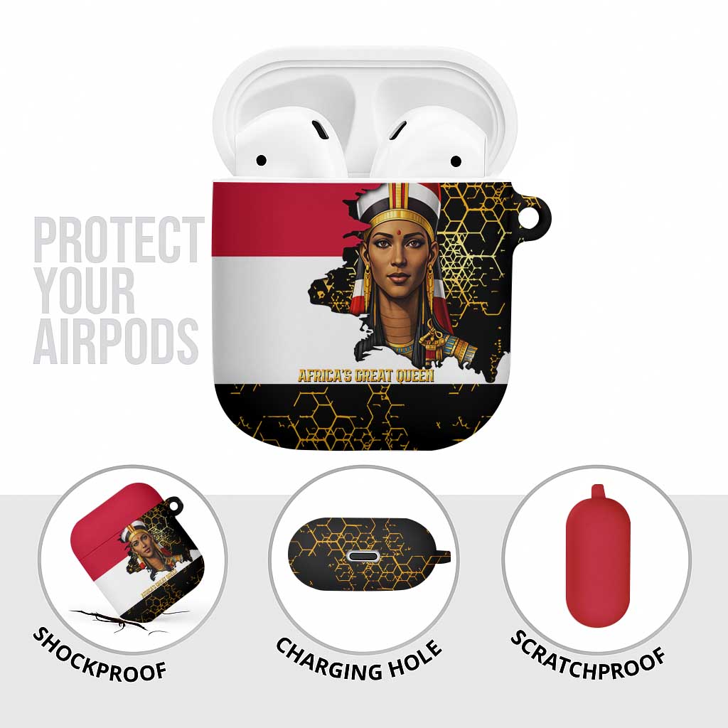 Hatshepsut AirPods Case with Royal Portrait, Pre-Colonial Empires Text and Red-Black Honeycomb - African Pride
