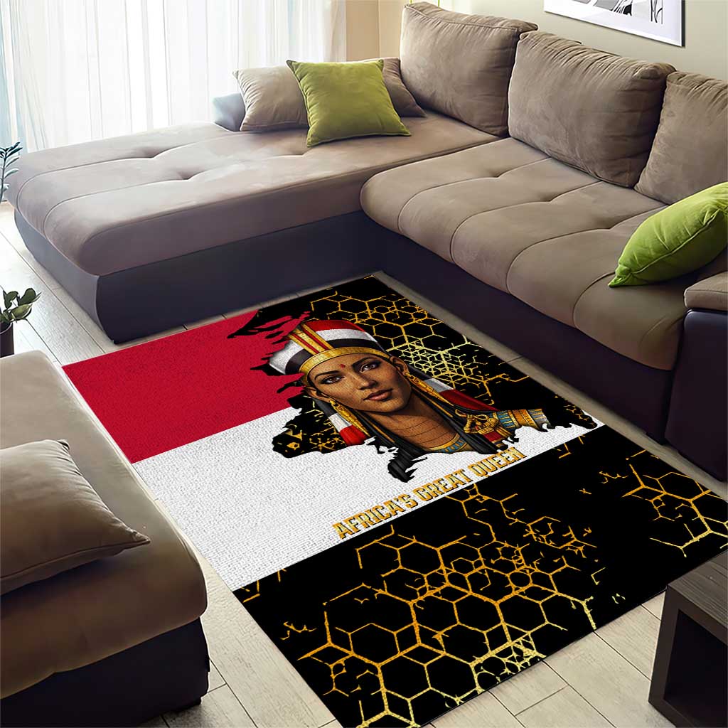 Hatshepsut Area Rug with Royal Portrait, Pre-Colonial Empires Text and Red-Black Honeycomb - African Pride