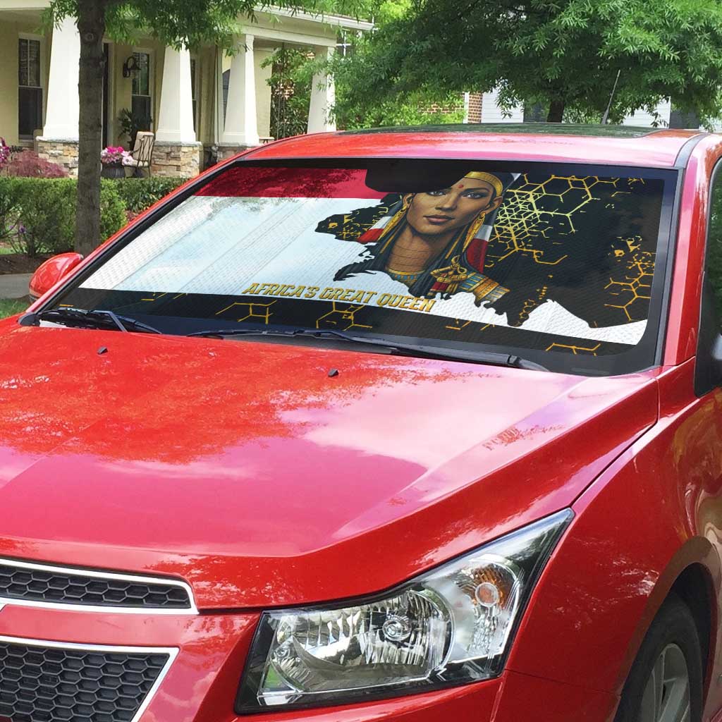 Hatshepsut Auto Sun Shade with Royal Portrait, Pre-Colonial Empires Text and Red-Black Honeycomb - African Pride