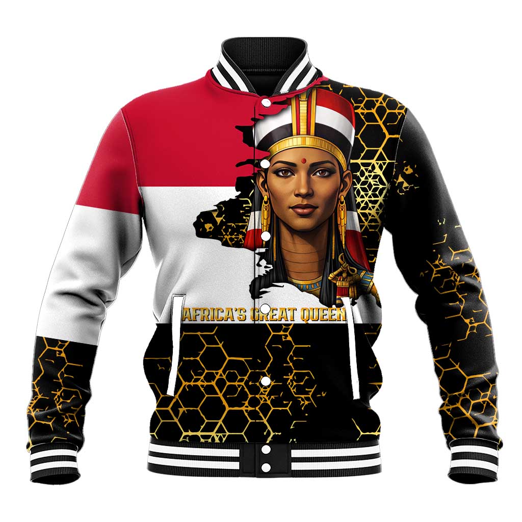 Hatshepsut Baseball Jacket with Royal Portrait, Pre-Colonial Empires Text and Red-Black Honeycomb - African Pride